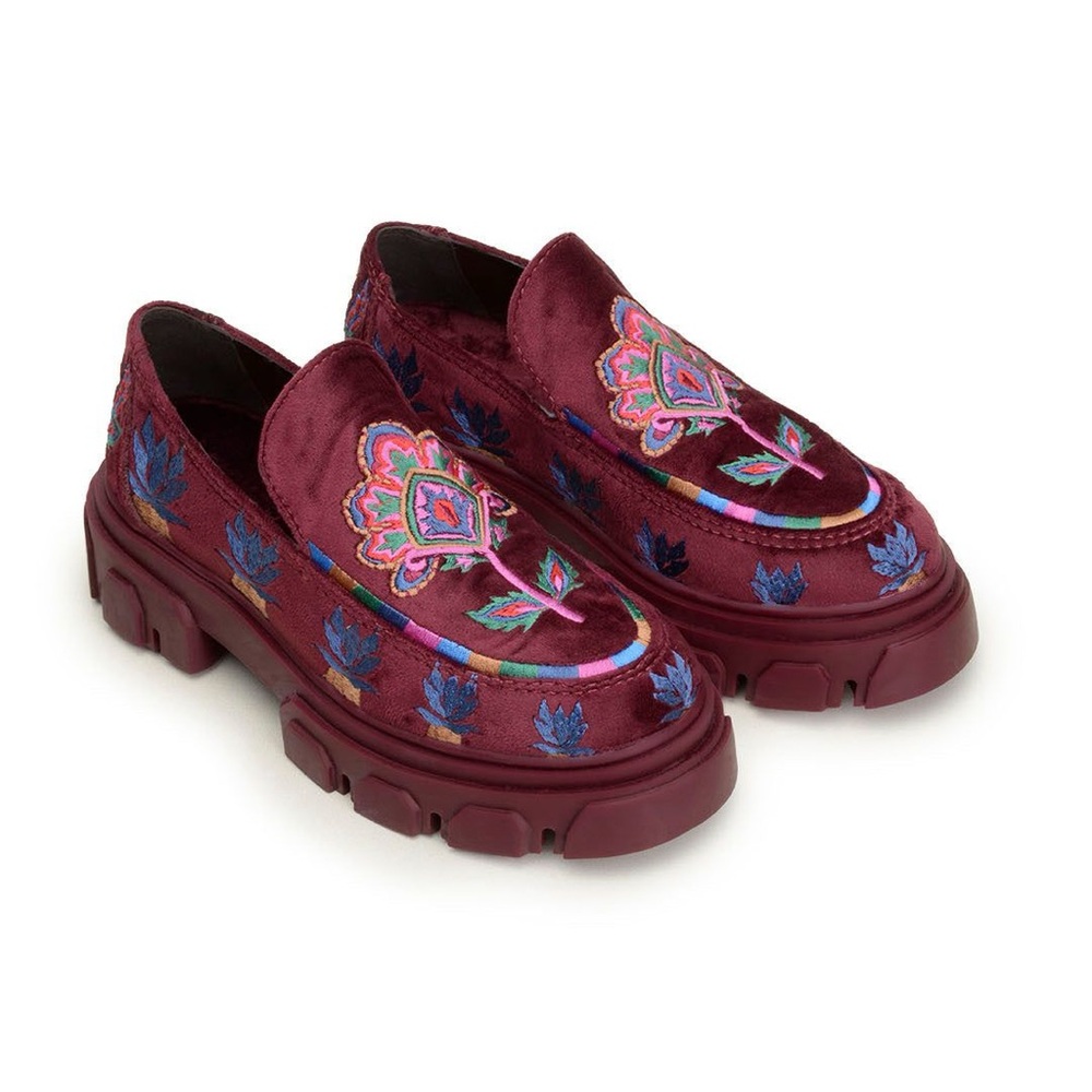 FARM Rio Burgundy Embroidered Lug Sole Slip on Loafer